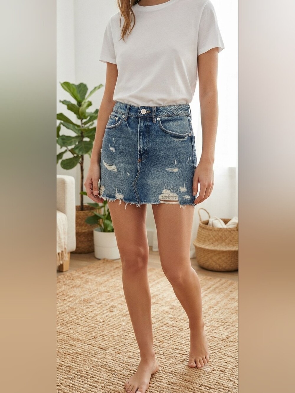 Zara Join Life Distressed Denim Mini Skirt 100% Recycled Cotton XS